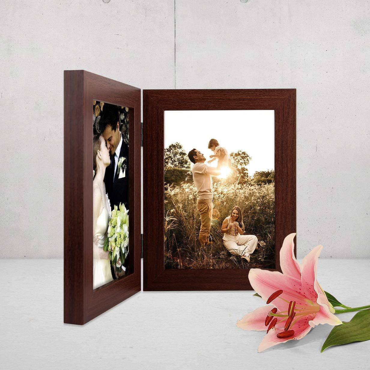 , 5X7 Double Picture Frame Vertical Hinged Photo Frame 2 Opening Folding Family Frames Collage, with Real Glass (5X7, Brown, 2-Pack)